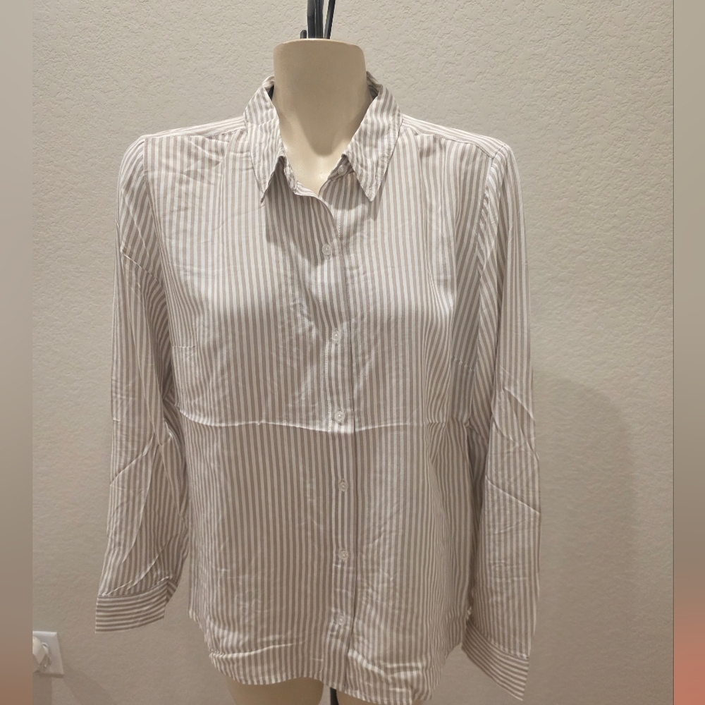 Express Beige Striped Button-Down Shirt